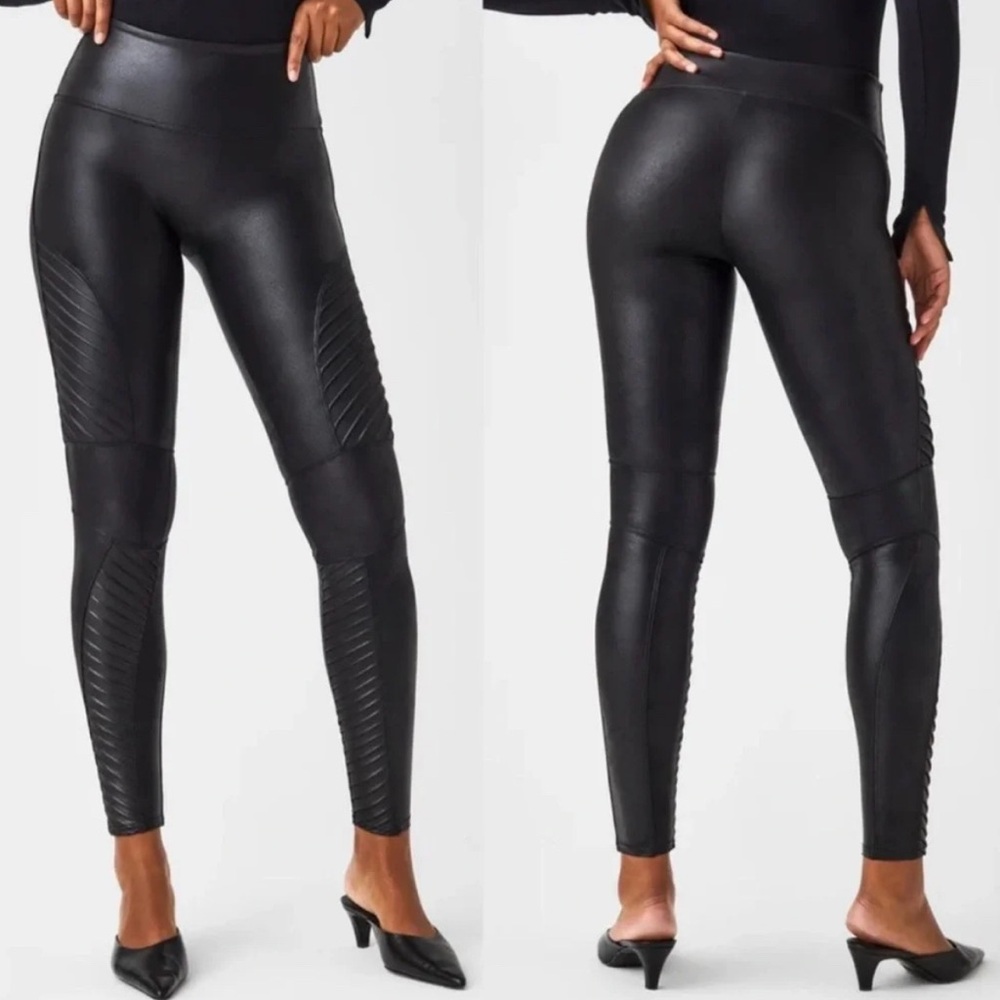 Spanx Women's Faux Leather Moto Black High-Waisted Leggings - Picture 1 of 2